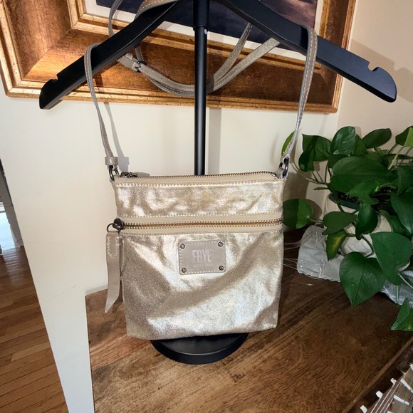 Frye Handbags - Frye Crossbody Bag Women Small Gold Metallic Canvas Leather Trim Industrial Glam